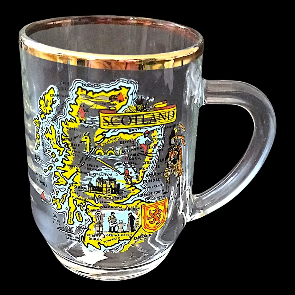Vtg Scotland Souvenir Glass Mug Cup Gold Trim Transfer Ware‎ Map Highland Arts